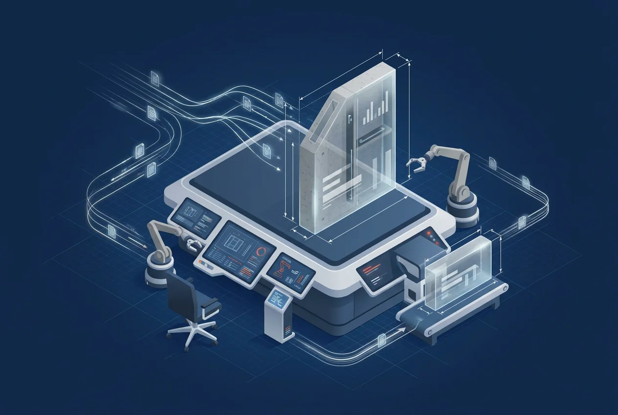 Isometrische weergave van een CAD-model dat als productiedata naar een productieomgeving wordt overgedragen