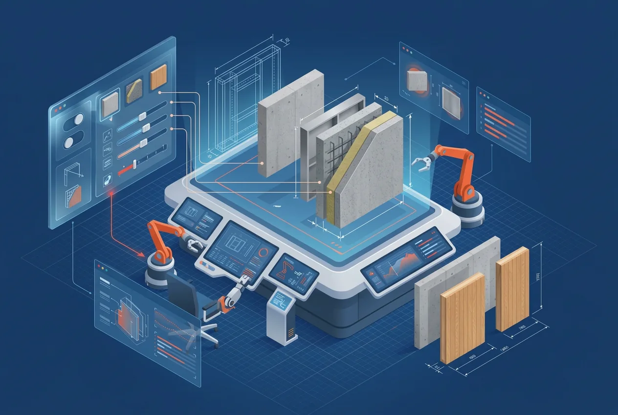 Isometrische visualisatie van een online configurator die een prefab bouwelement samenstelt