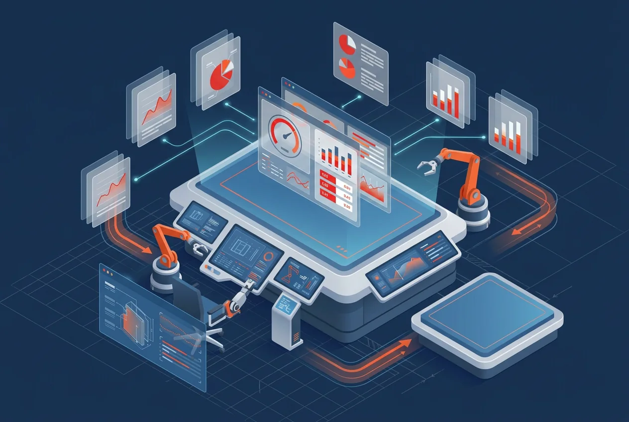 Isometrische visualisatie van een data-audit met databronnen, definities en kwaliteitscontrole in een prefab engineeringomgeving