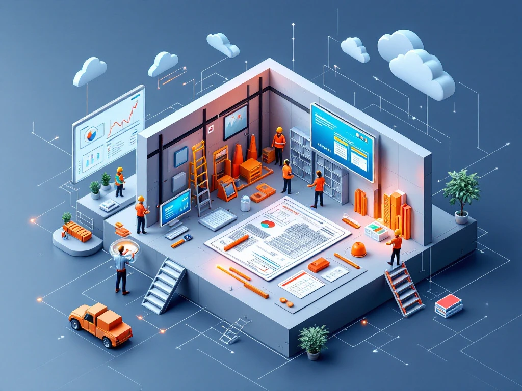 Isometrische illustratie van geautomatiseerde kostenberekening in prefab, met blauwe en grijze tonen, oranje en groene accenten.