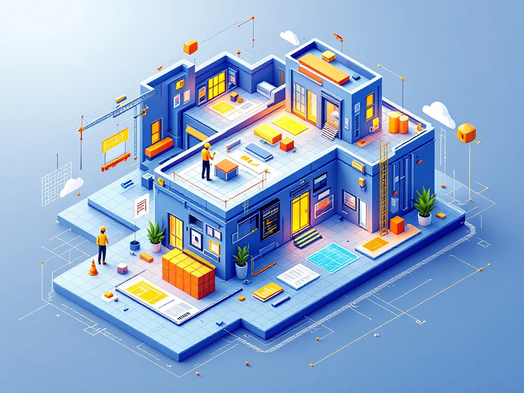 Isometrische illustratie van softwareautomatisering in techniek: prefab-elementen, digitale interfaces, bouwtekeningen en workflowlijnen.
