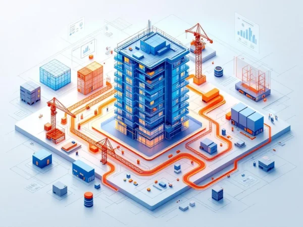 Isometrische illustratie van BIM-data die via digitale workflow transformeert naar prefab-elementen op productielijntafel