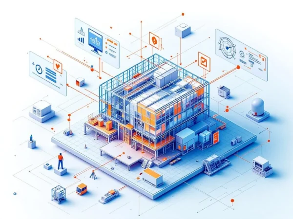 Isometrische technische illustratie van BIM-naar-productie workflow met 3D gebouwmodel en digitale interfaces