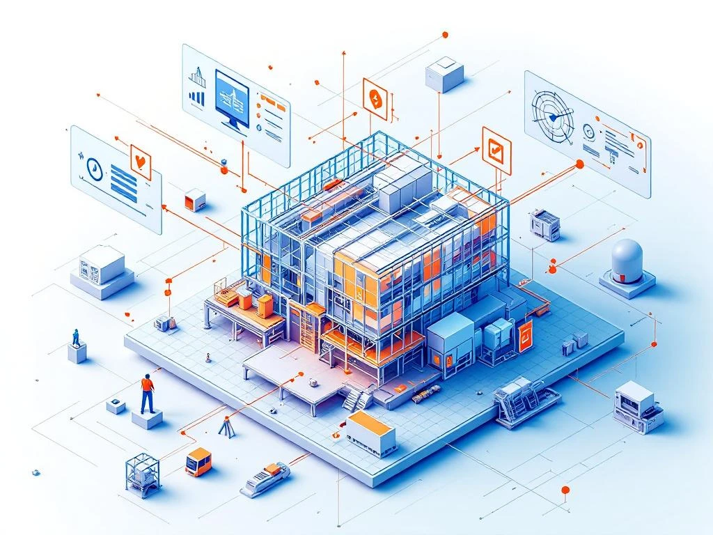 Isometrische technische illustratie van BIM-naar-productie workflow met 3D gebouwmodel en digitale interfaces