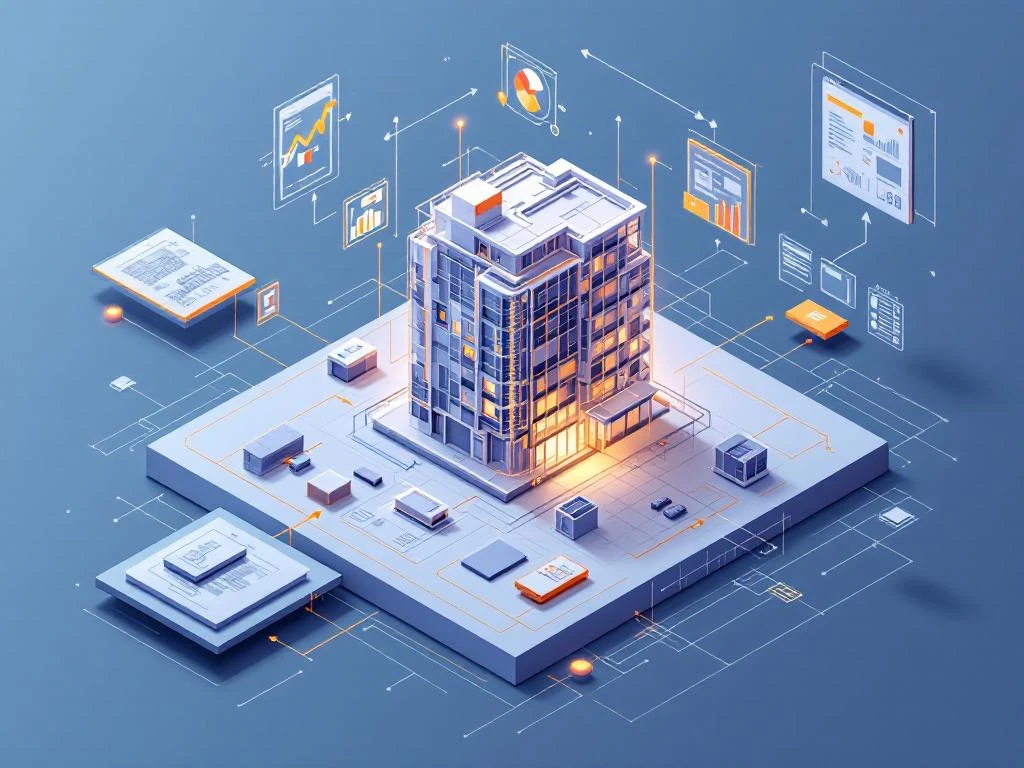 3D gebouwmodel dat overgaat in prefab productie-elementen via digitale wireframe overlays en CAD interfaces