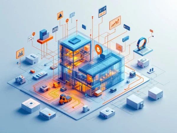 Isometrische BIM-workflow visualisatie met transparant 3D gebouwmodel verbonden door data-streams aan productieapparatuur