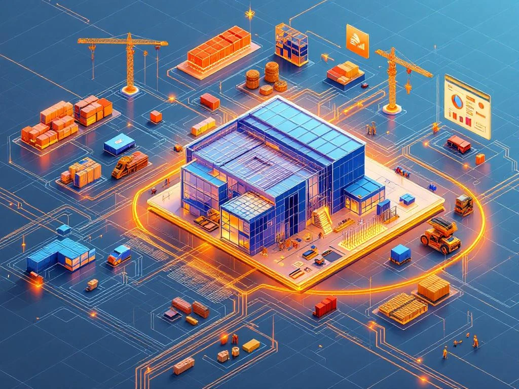 Isometrische illustratie van CAD-ERP workflow met 3D-gebouwmodel verbonden aan productie-dashboards via datastromen