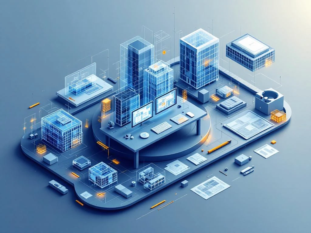 3D CAD-werkstation met technische tekeningen in verschillende revisiefasen, omringd door draadframe bouwcomponenten