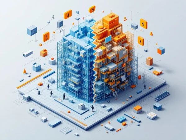 3D gebouwmodel gesplitst in digitale wireframes en verstoorde fysieke elementen met kostsymbolen en gebroken dataverbindingen