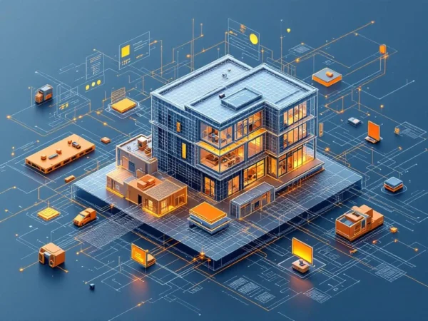 Isometrische illustratie van geautomatiseerde data-overdracht tussen 3D CAD-model en productiemachines met digitale workflows