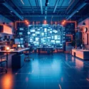 Isometrische illustratie van geavanceerde engineeringworkspace met automatische prefab-bouwelementen en digitaal configuratiescherm