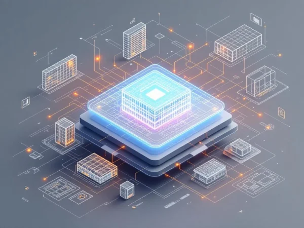 Isometrische technische illustratie van een gloeiende data-hub verbonden met zwevende prefab bouwelementen en CAD-tekeningen