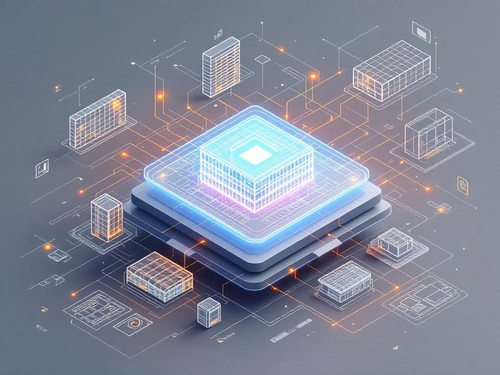 Isometrische technische illustratie van een gloeiende data-hub verbonden met zwevende prefab bouwelementen en CAD-tekeningen