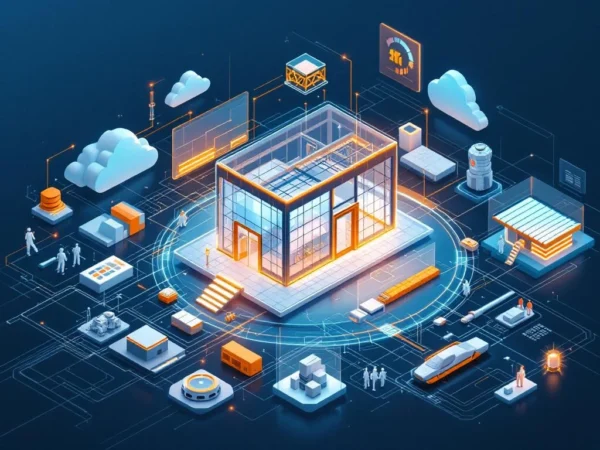 Isometrische illustratie van geïntegreerd digitaal ecosysteem met CAD-modules, automatiseringstools en prefab-bouwelementen