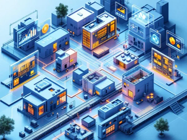 Isometrische illustratie van geautomatiseerde prefab fabriek met modulaire bouwcomponenten en digitale CAD-interfaces
