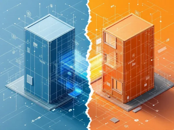 Isometrische illustratie toont CAD-model van prefab wandpanelen in blauw versus fysieke constructie met fouten in oranje.