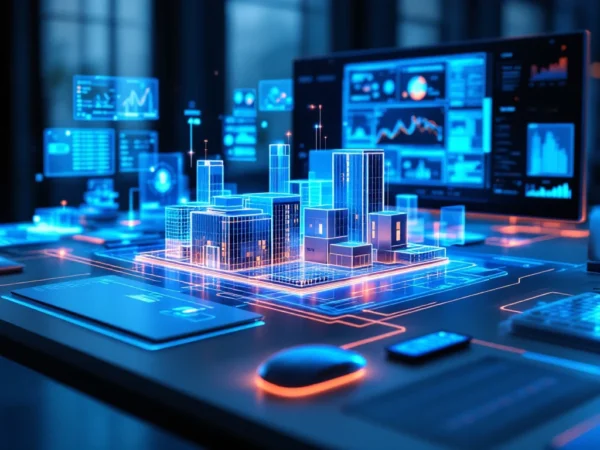 Futuristische werkruimte met holografische 3D-gebouwmodellen en AI-datastromen voor bouwprojectoptimalisatie