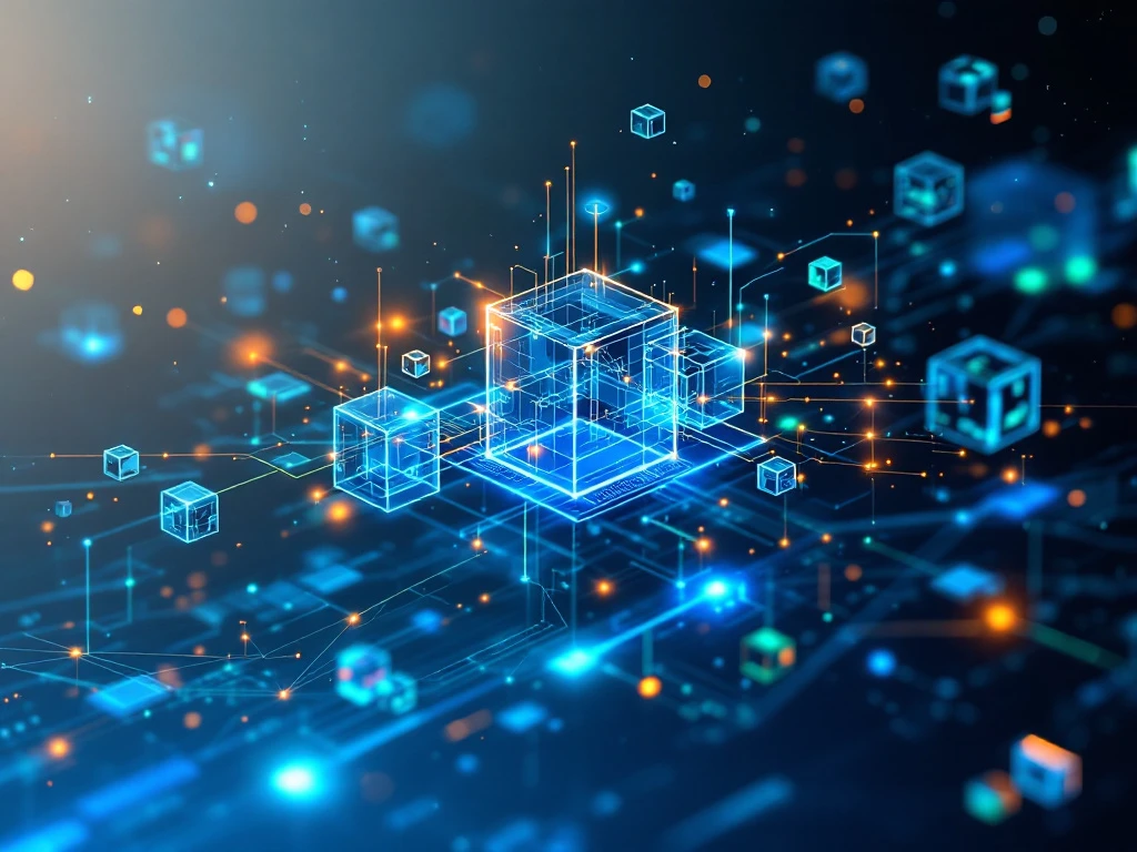 Digitale gegevensstromen en AI-netwerk met blauwe datacubes, oranje en groene accenten op grijze achtergrond