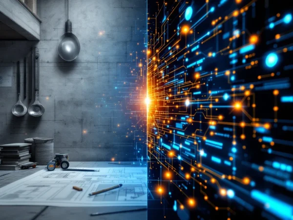 Traditionele bouwplannen en gereedschap links, AI-gedreven digitale interfaces rechts, verbonden door gloeiende neurale netwerken