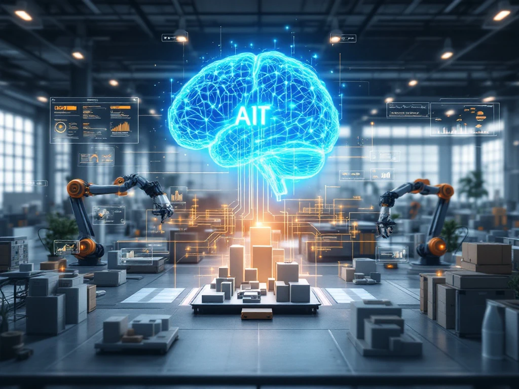 AI-brein met blauwe circuits zweeft boven industriële werkplaats met robotarmen en holografische datastromen