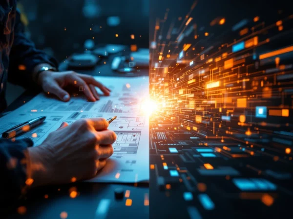 Split-screen die menselijke expertise en AI-technologie toont: traditionele engineering links, digitale interfaces rechts