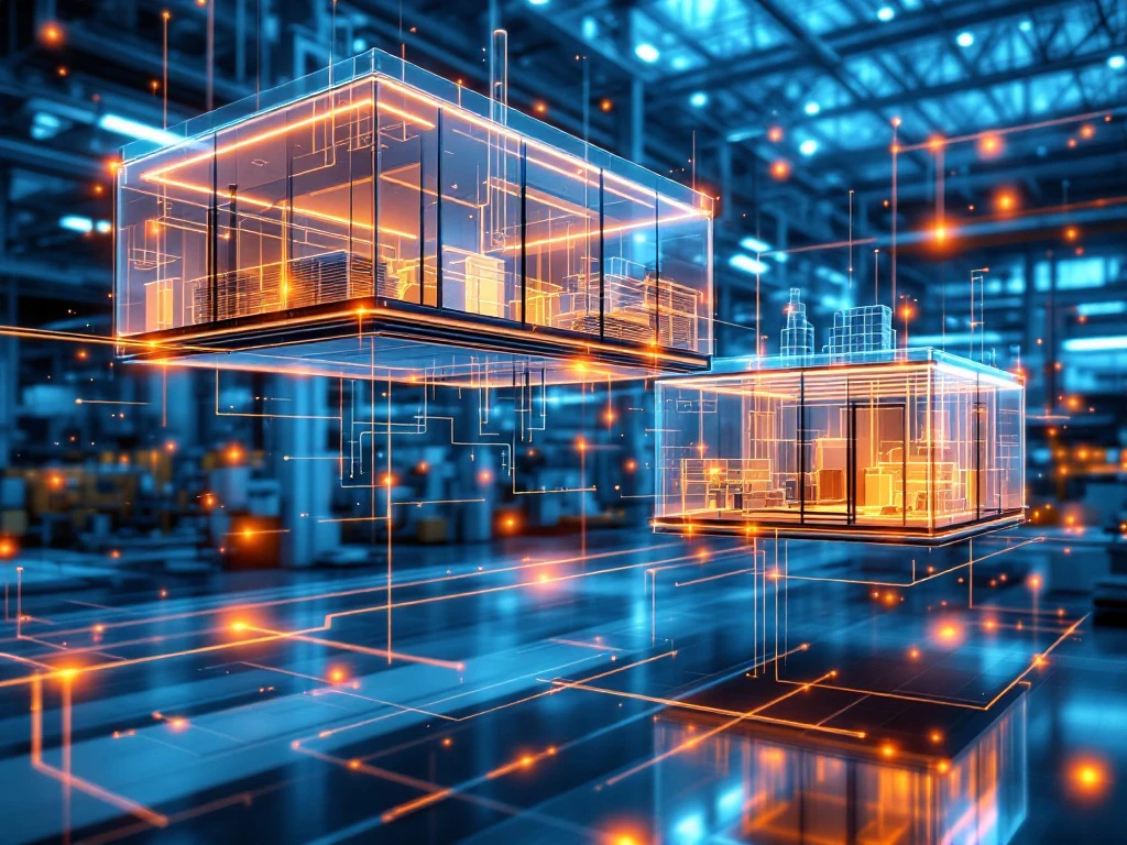 Zwevende modulaire bouwcomponenten verbonden door AI-netwerken in moderne fabriek met robotarmen en holografische blauwdrukken