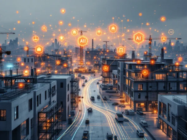 Luchtfoto van moderne prefab constructiefaciliteit met AI-hologrammen en robotische assemblagelijnen in oranje licht