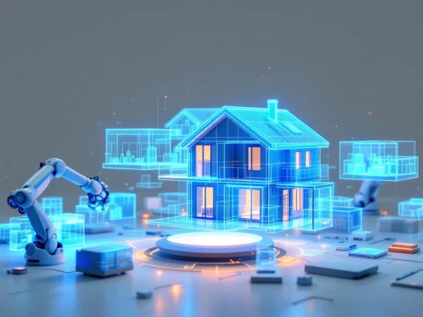 AI-aangedreven prefab constructie met holografische bouwmodules, robotarmen en digitale datastromen in moderne werkruimte