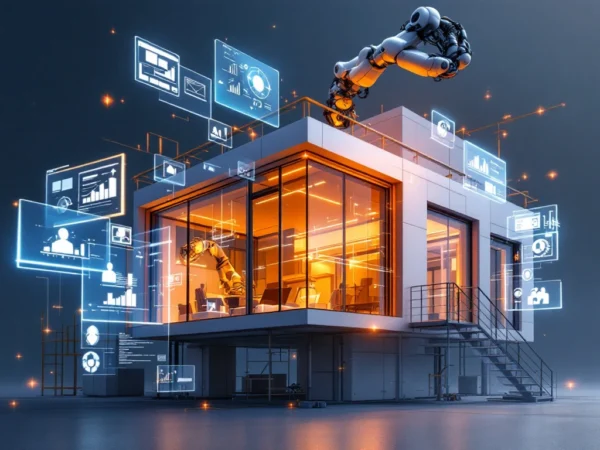 Robotarmen assembleren moderne prefab bouwmodule met holografische AI-interfaces en oranje verlichte datapanelen