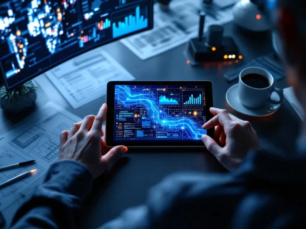 Moderne kantoorbureau met tablet die AI-neurale netwerken en datavisualisaties toont, omgeven door digitale schermen