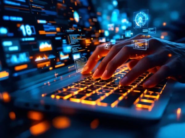 Handen typen op futuristisch toetsenbord met gloeiende AI-circuits en zwevende holografische code-elementen
