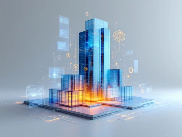 3D architectuurvisualisatie van modern gebouw met AI-netwerken en digitale datastromen in blauw en oranje
