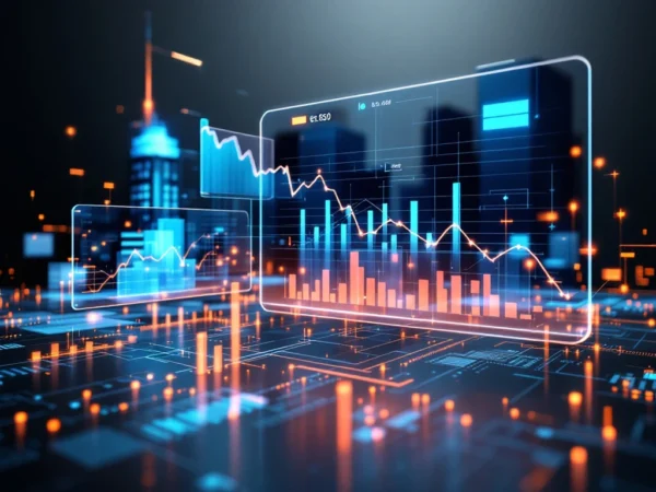 Digitaal dashboard toont dalende grafieken en winstmarges met AI-circuitpatronen en bouwkundige elementen op achtergrond