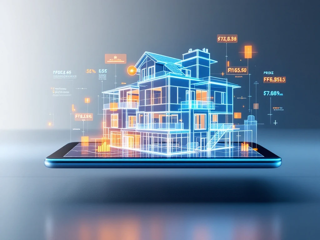 Digitale tablet toont 3D architectuurmodel in blauwe wireframes met oranje data-overlays op moderne bureau