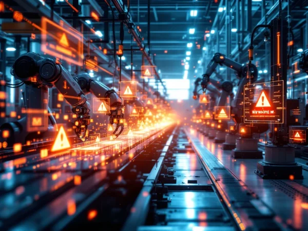 Moderne productiefaciliteit met robotarmen en geautomatiseerde machines met oranje waarschuwingssymbolen en foutcodes