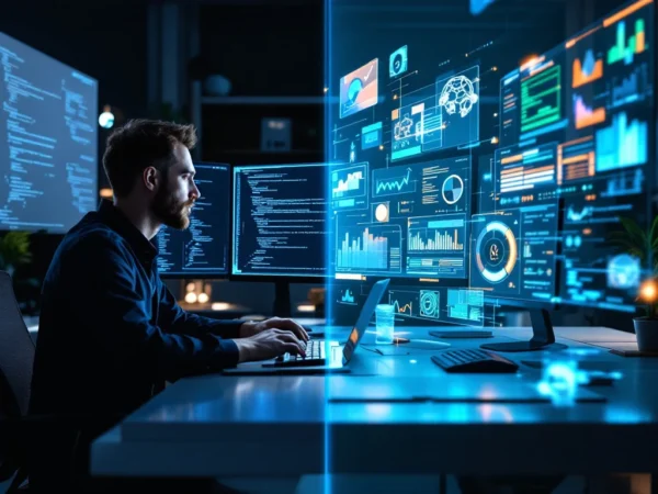 Vergelijking traditionele programmeeromgeving met donkere monitors en AI-werkplek met holografische interfaces en geautomatiseerde code