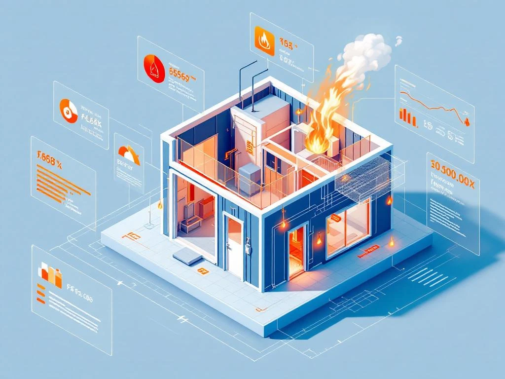 Isometrische technische illustratie van brandveiligheid in prefab constructie met sprinklers, branddeuren en isolatie