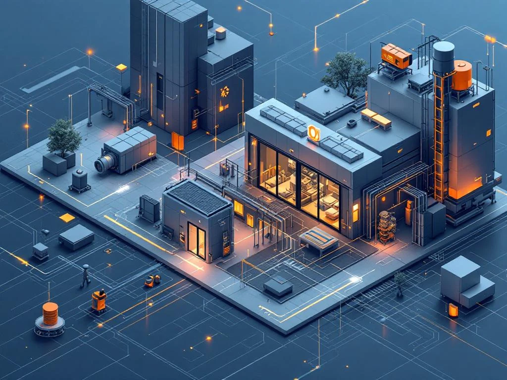 Isometrische illustratie van circulaire prefab bouwelemenenten met recycling-symbolen in een digitale productieomgeving