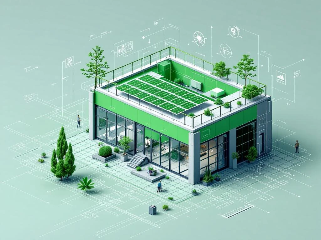 Isometrische illustratie van duurzame prefab wandpanelen met zonnepanelen en technische wireframe-overlays in 3D