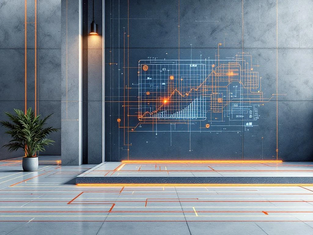 Kraan plaatst prefab wandpanelen op bouwplaats met technische wireframe-overlays en engineering-data interface