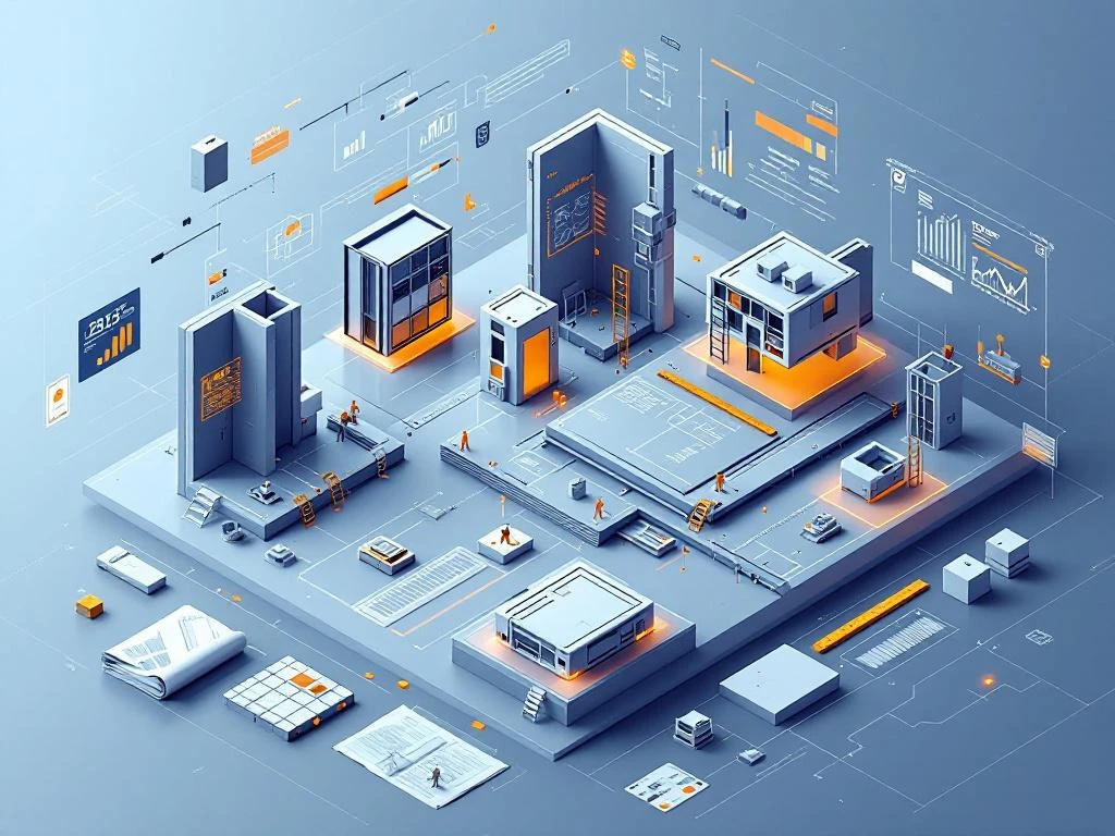 Isometrische technische illustratie van modulaire bouwpanelen met digitale specificaties en meetpunten in 3D werkruimte