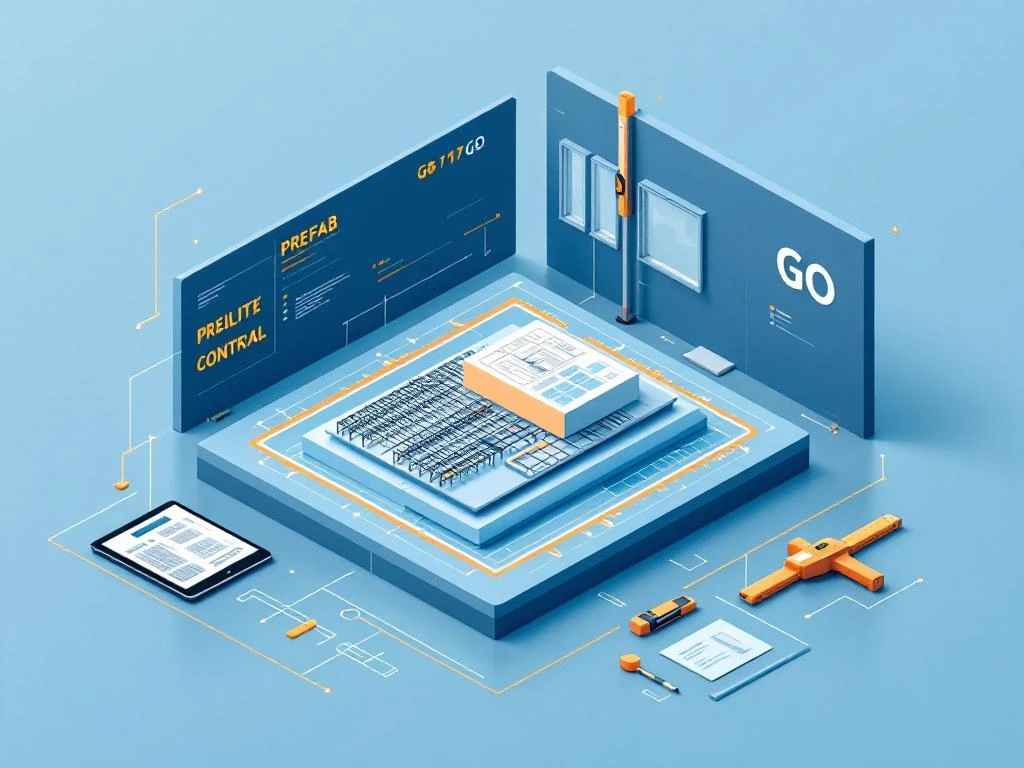 Isometrische illustratie van prefab wandpaneel met kwaliteitscontrole elementen, tablet en meetinstrumenten in blauw-oranje