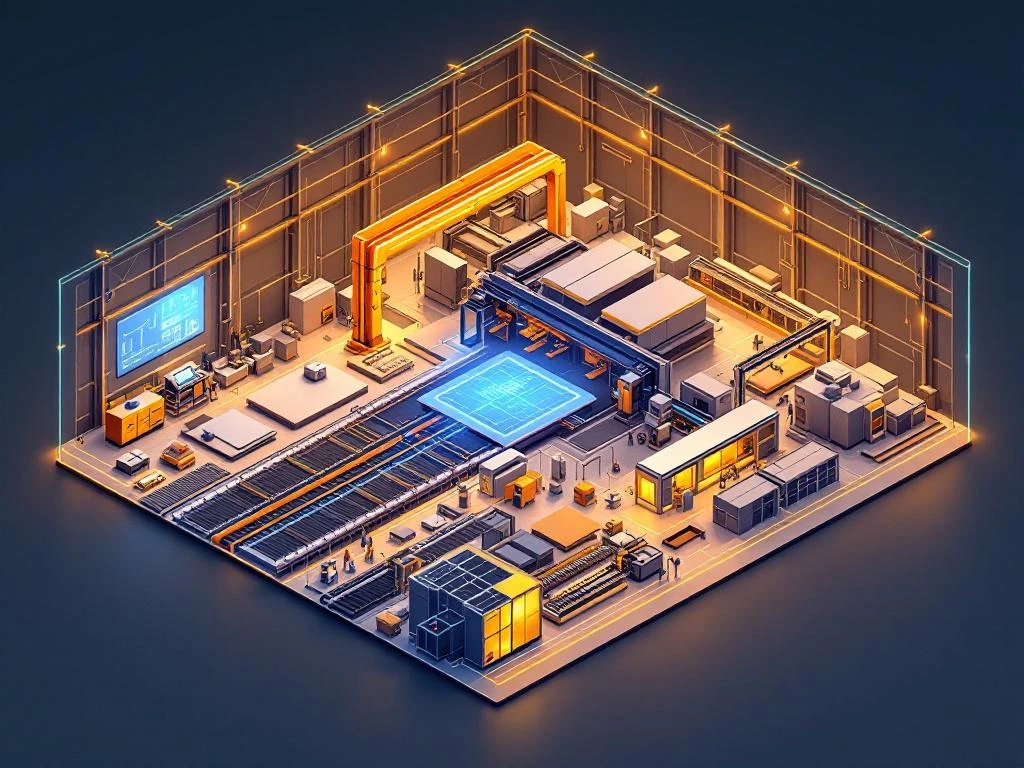 Isometrische 3D-illustratie van geautomatiseerde prefab betonproductielijn met CAD-hologram en technische specificaties