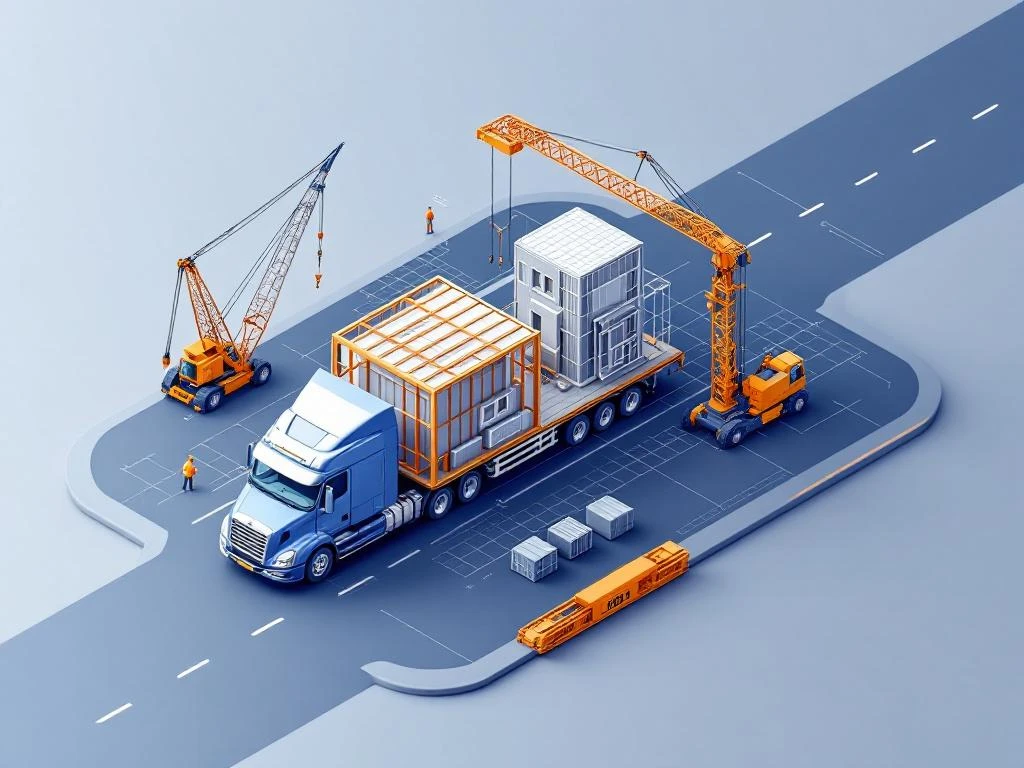 Vrachtwagen transporteert prefab bouwelementen op geometrisch weggenraster met technische overlays en oranje hijskranen