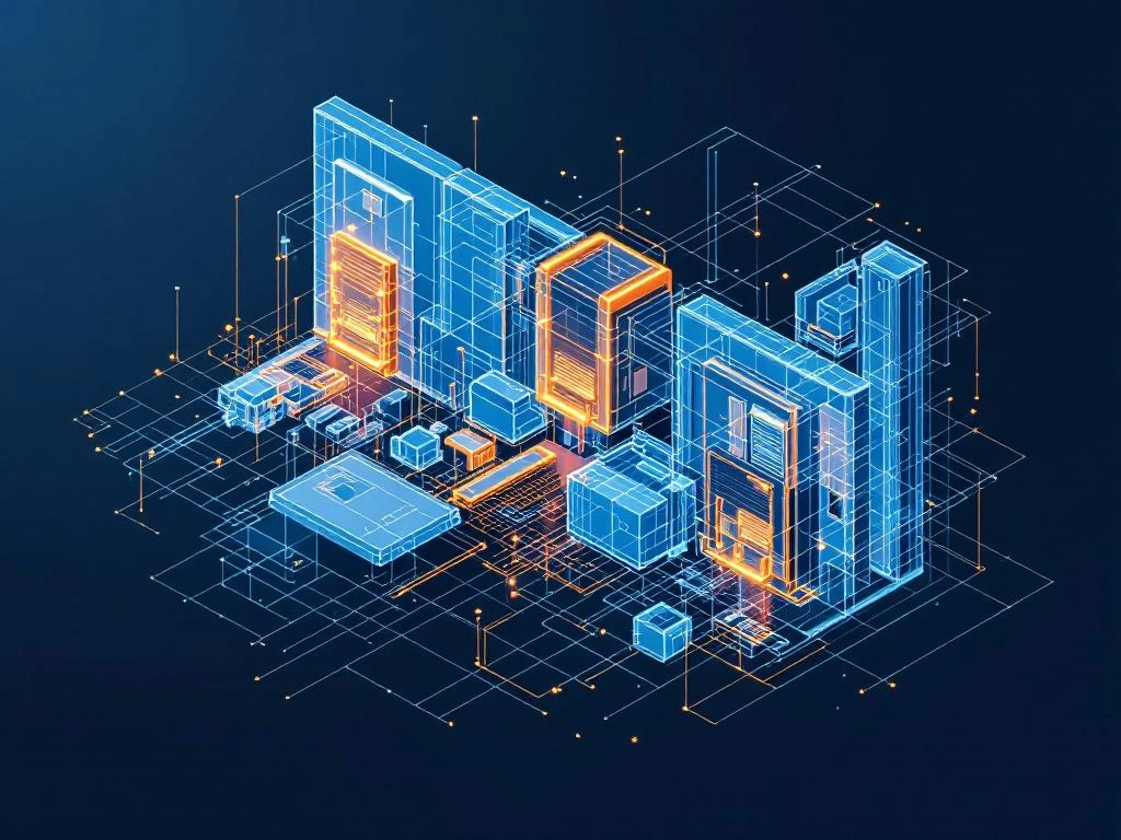 Isometrische technische illustratie van prefab wandpanelen met blauwe basis, oranje verbindingspunten en wireframe-overlays