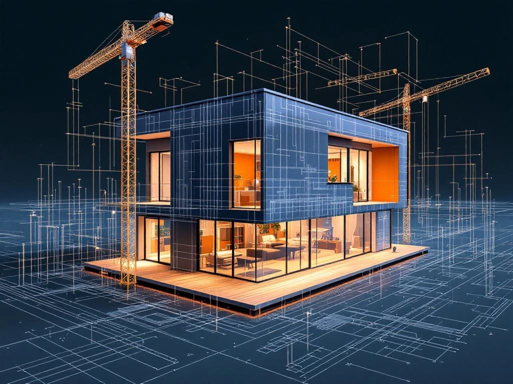 Isometrische illustratie van moderne prefab woning in aanbouw met modulaire constructie en technische details