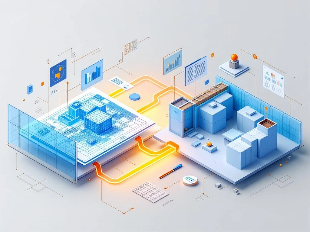 Isometrische illustratie van 2D blauwdrukken die transformeren naar 3D prefab bouwcomponenten via oranje datastromen