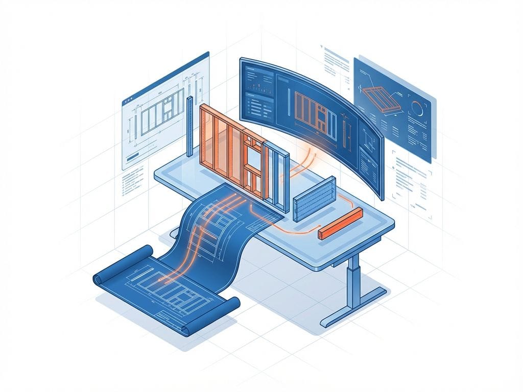 3D CAD-werkstation met zwevende blauwdrukken en wireframe prefab bouwelementen in professioneel blauw en oranje design