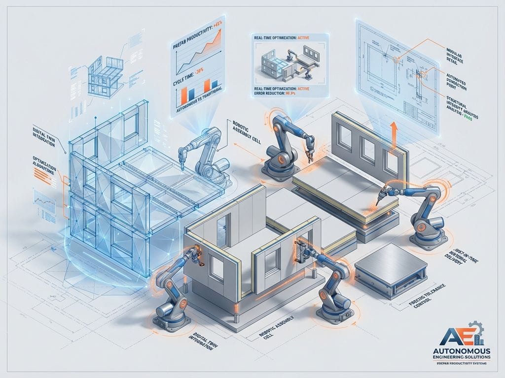 Isometrische technische illustratie van autonome engineering voor prefab productiviteit met robotarmen en holografische interfaces