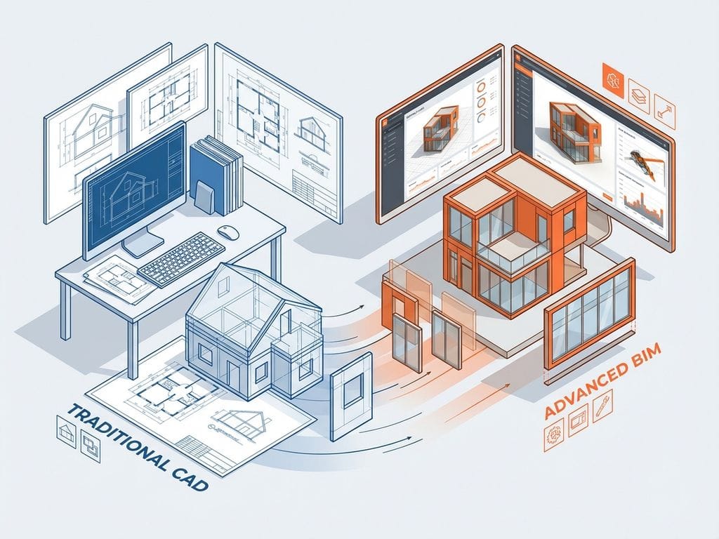 Isometrische illustratie van CAD-werkstation met 2D-tekeningen links en BIM-systeem met 3D-gebouwmodellen rechts
